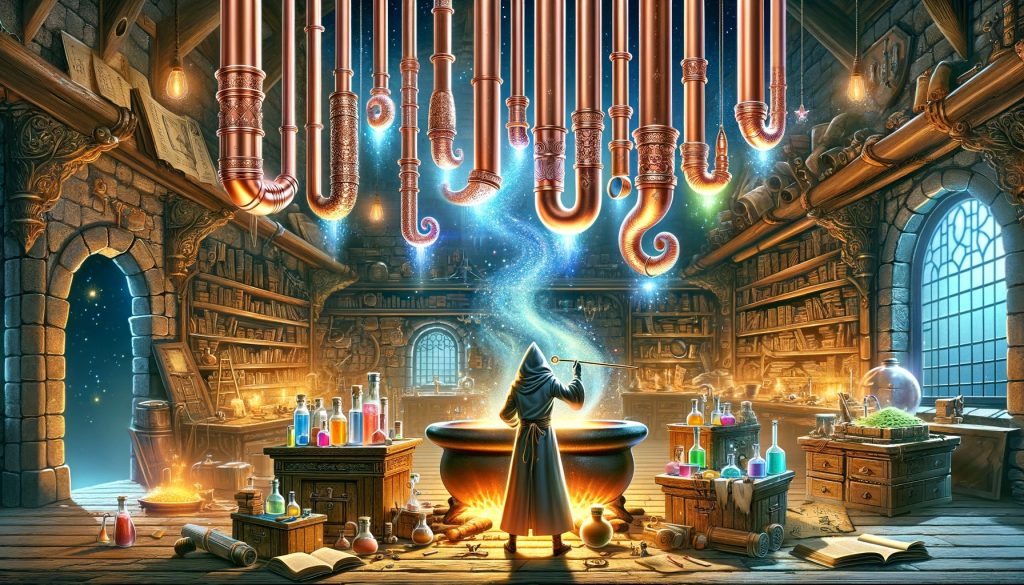 an ai generated image that depicts the article title, "Making Sense of Materials: The Alchemic Artistry Behind Faux Copper Gutters"