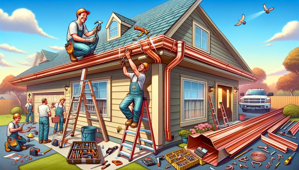 an ai generated image that depicts the article title, "Installation Insights: Getting Your Faux Copper Gutters Up and Running"