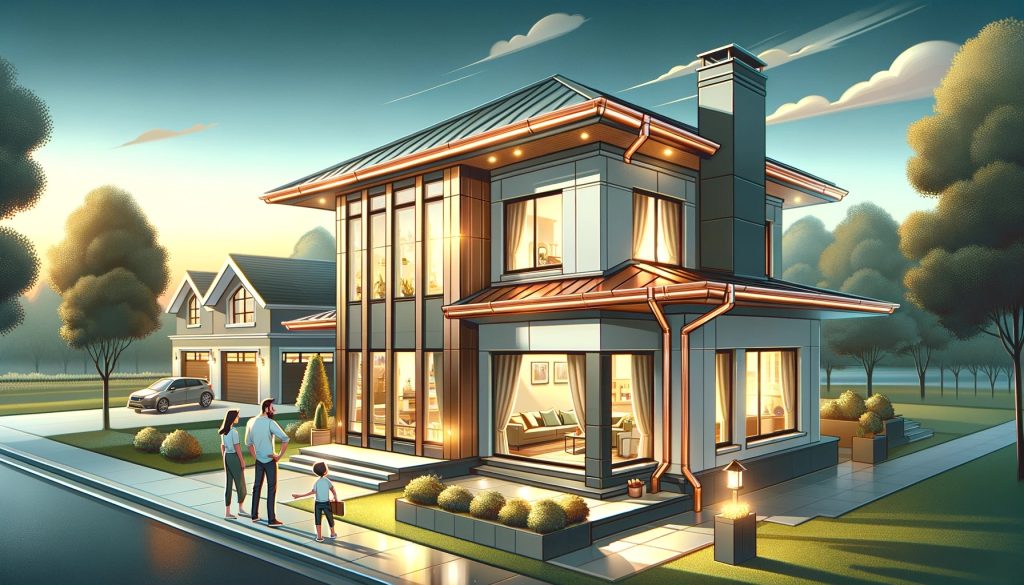 an ai generated image that depicts the article title, "Modern Homes' New Best Friend: Faux Copper Gutters"